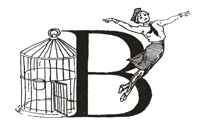 A decorated capital B with a birdcage and a small figure, drawn by Beryl Irving