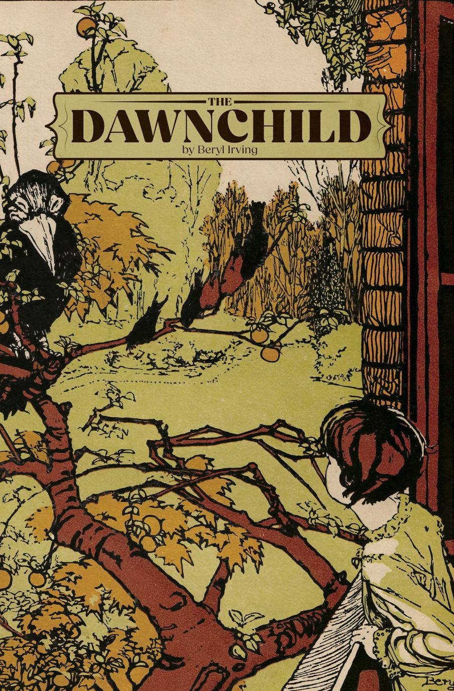 A detail of the 1926 cover: olive garden, russet tree, ochre leaves, parchment title panel