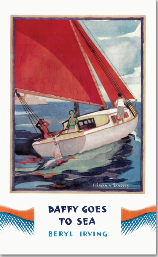 Daffy Goes to Sea cover: a white yacht with red sails under a blue sky, three figures aboard