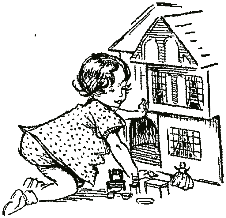 A small girl on her knees at a dolls' house