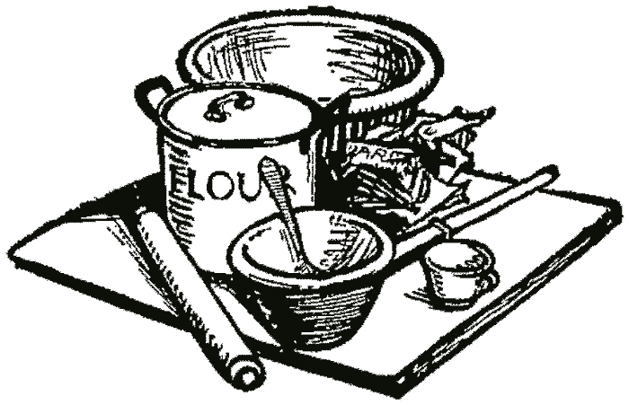 A bag of flour, a mixing bowl and a rolling pin on a board