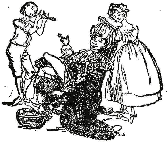 A woman in a long dress with children and a dog around her