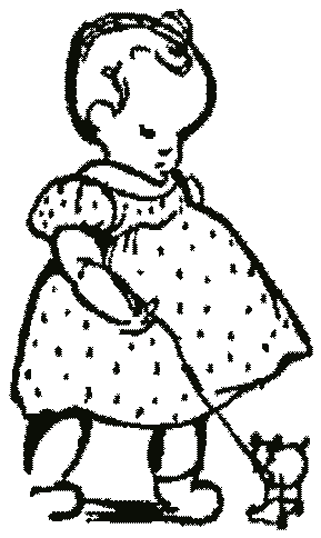 A toddler in a spotted frock with a kitten at her feet