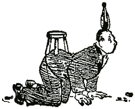 A man on all fours balancing a bottle on his head
