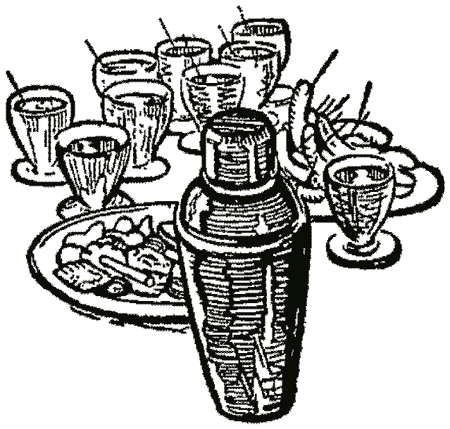 A cocktail shaker and a tray of glasses