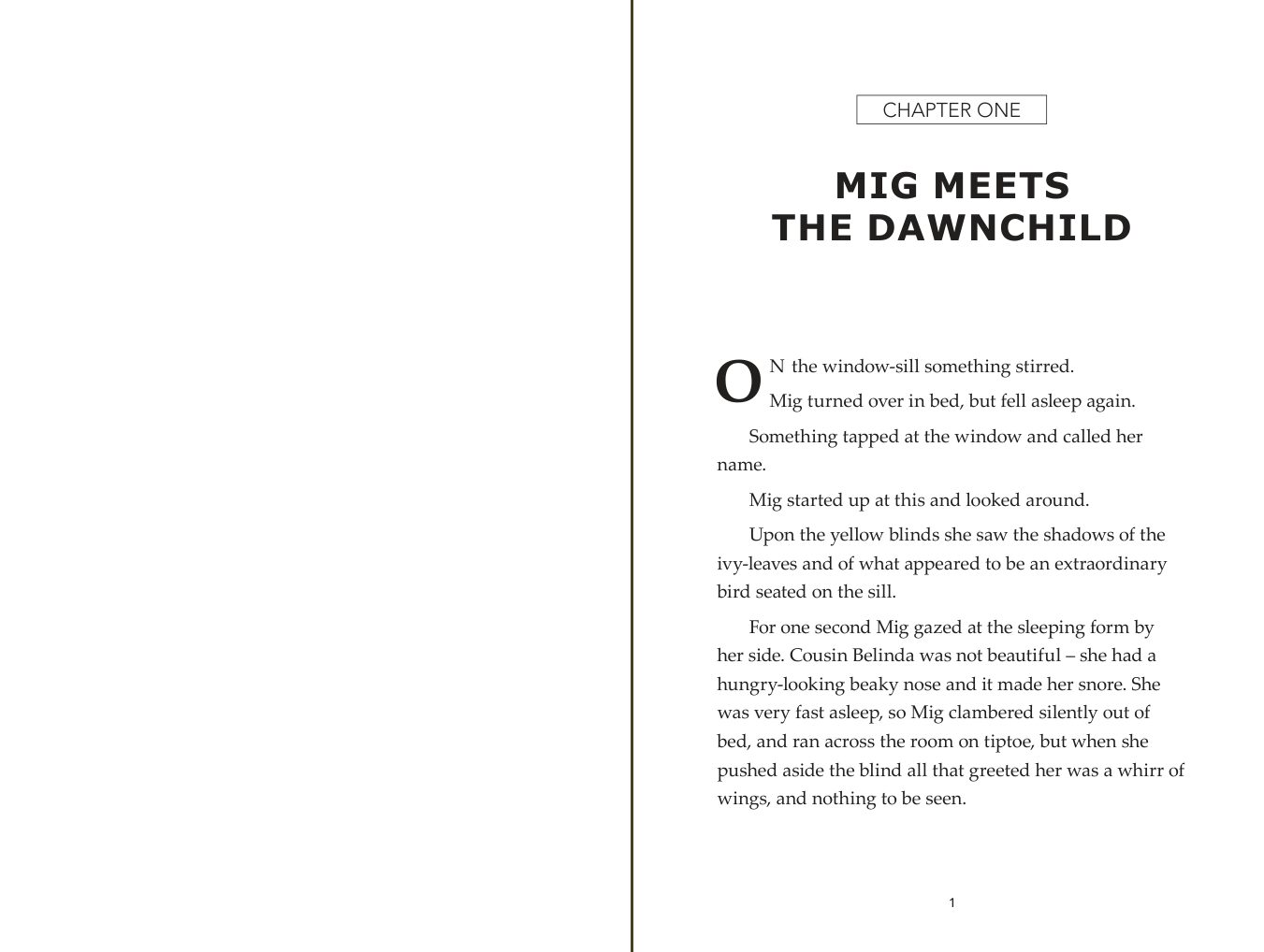 Chapter One of The Dawnchild opens on a right-hand page, with a blank page facing it