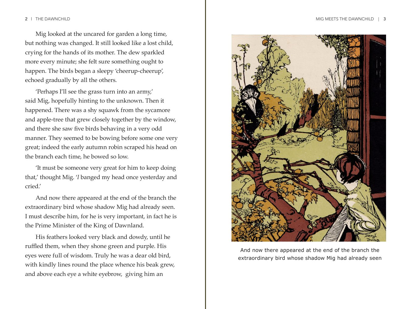 Pages 2 and 3 of The Dawnchild: text on the left, the first colour plate on the right