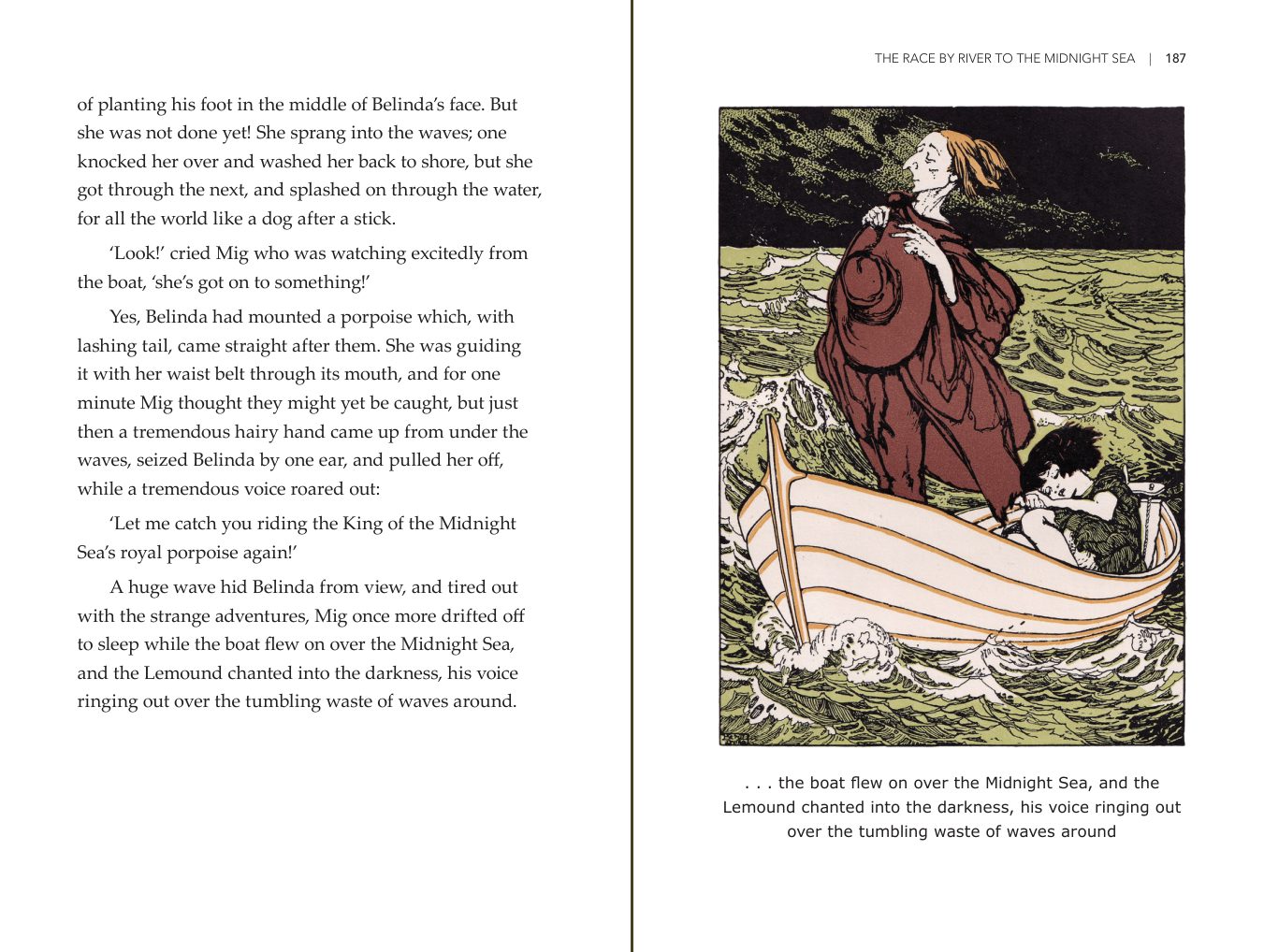 Pages 186 and 187 of The Dawnchild: text facing the plate of the boat on the Midnight Sea