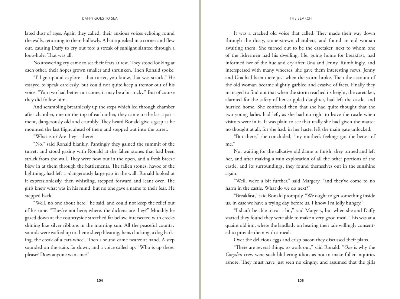 Pages 104 and 105 of Daffy Goes to Sea, two pages of text