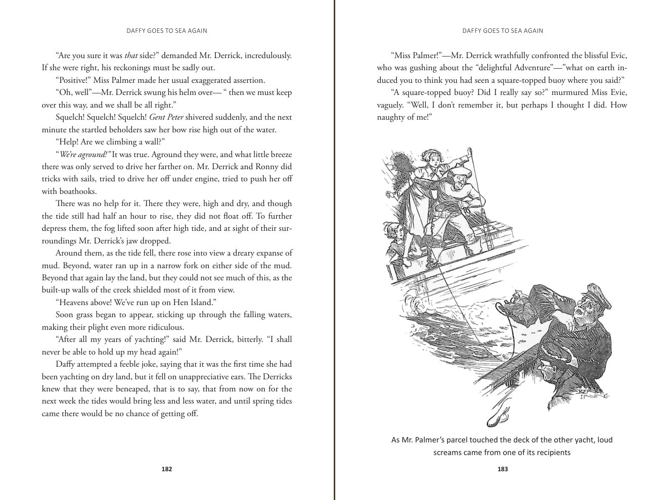 Pages 182 and 183 of Daffy Goes to Sea, with a line drawing of a parcel landing on a yacht's deck