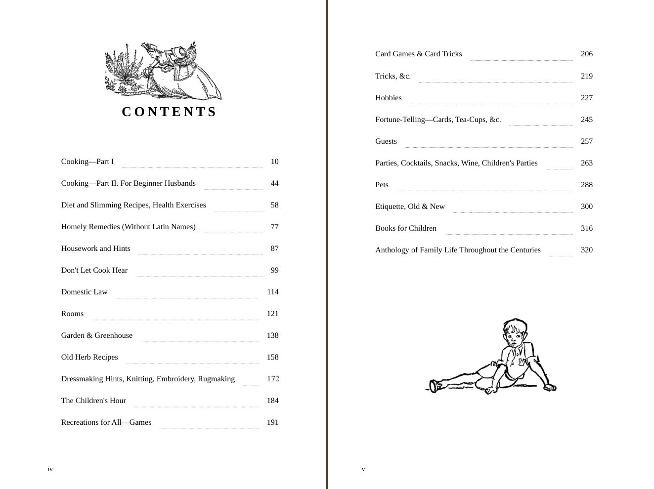 Pages iv and v of The Family Week-End Book: the contents, with two small drawings