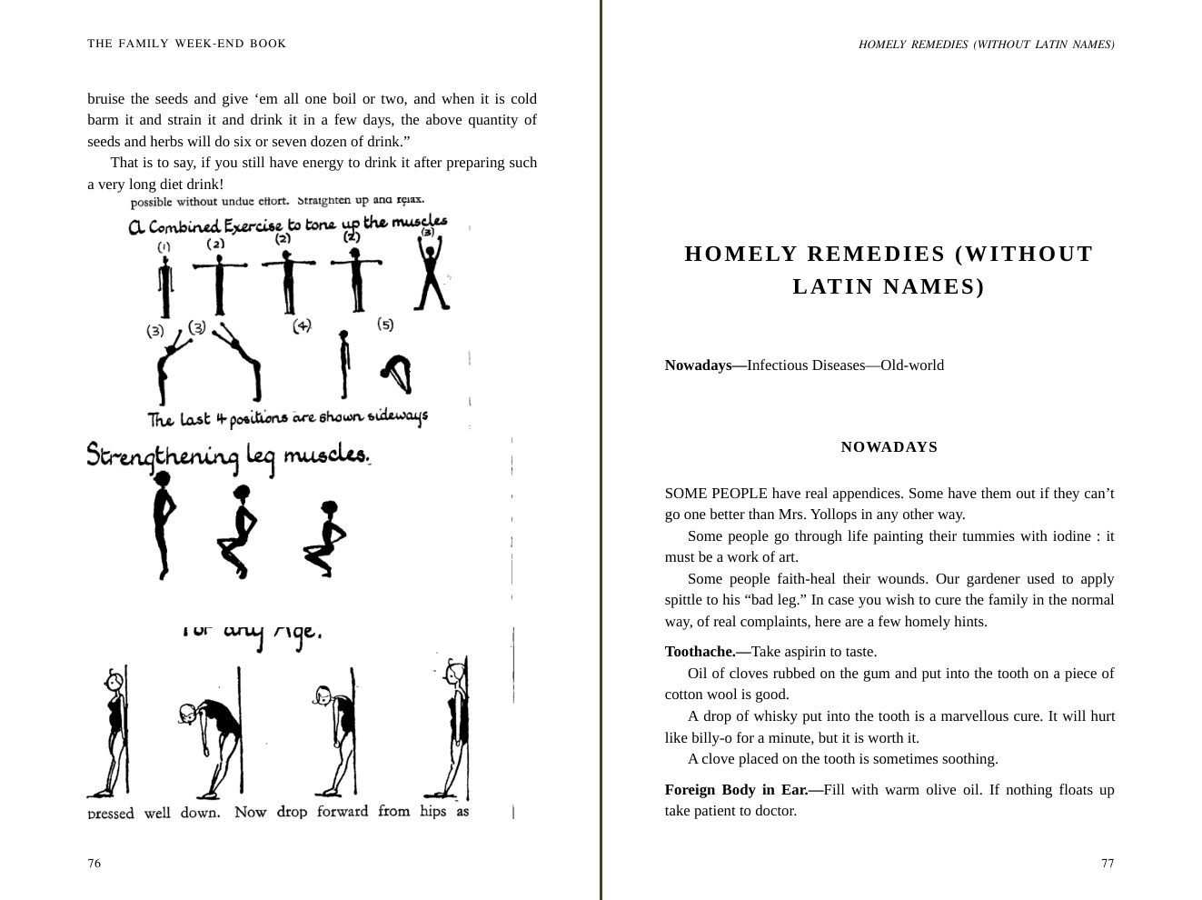 Pages 76 and 77 of The Family Week-End Book: exercise diagrams and the opening of Homely Remedies