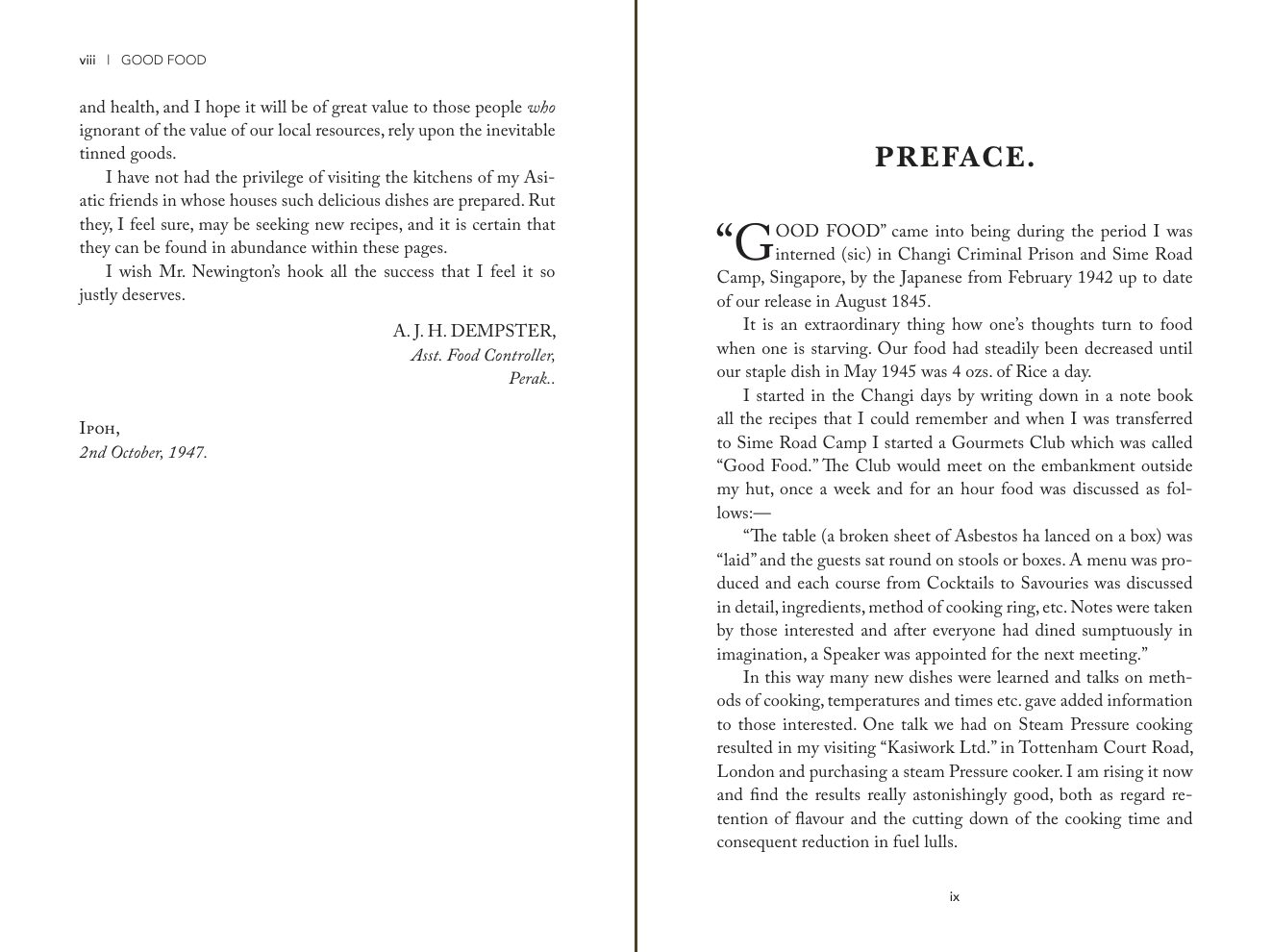 Pages viii and ix of Good Food: the end of the foreword and the start of the preface
