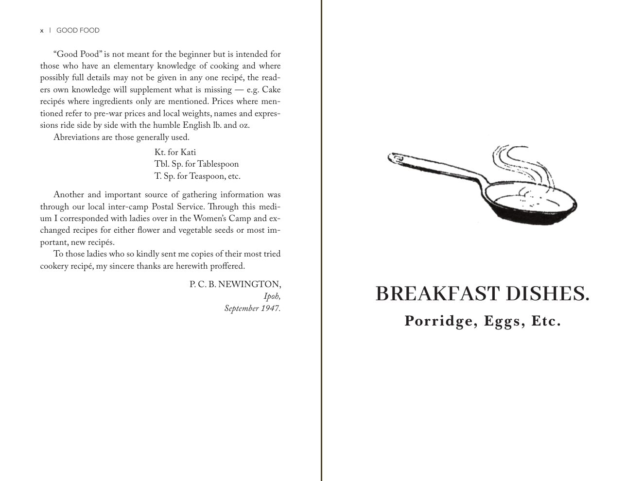 Page x and page 1 of Good Food: the end of the preface and the opening of Breakfast Dishes with a drawing of a frying pan