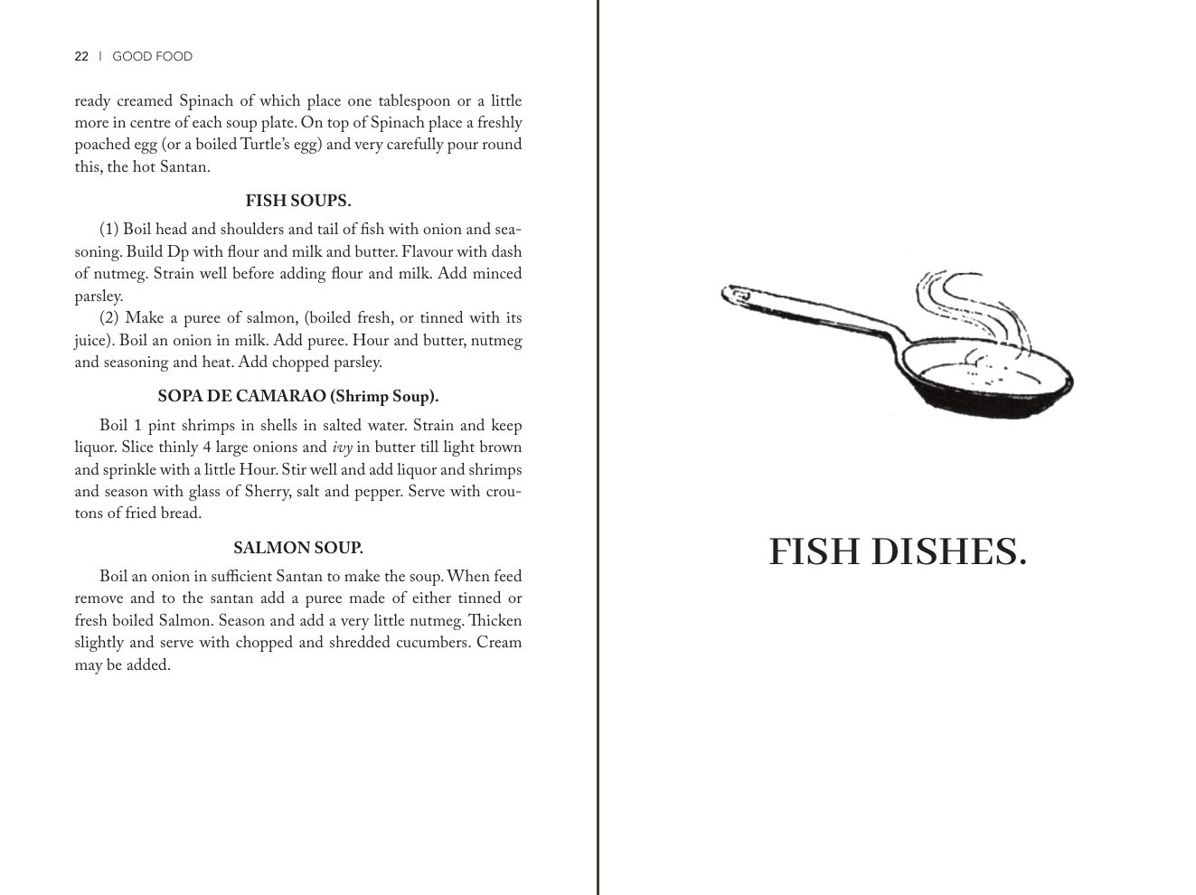 Pages 22 and 23 of Good Food: fish soups and the opening of Fish Dishes with a drawing