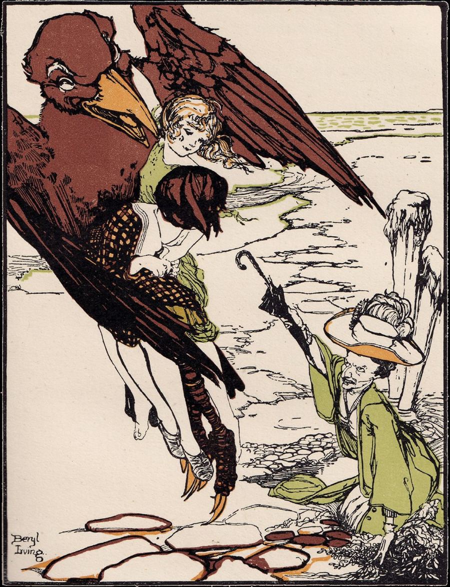 A great brown bird lifts two children from a beach while a figure in green sinks into the sand with an umbrella
