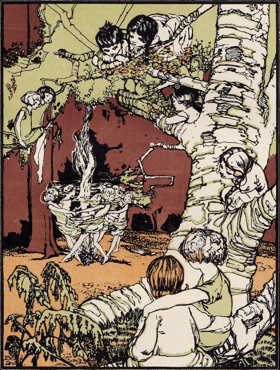 Children seated under a great tree watch dancing figures around a fire