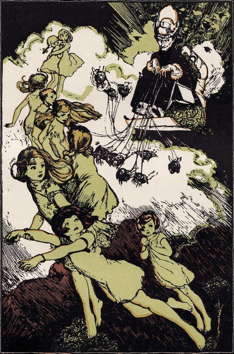 Three running figures with a crowd of riders bursting through the clouds above them