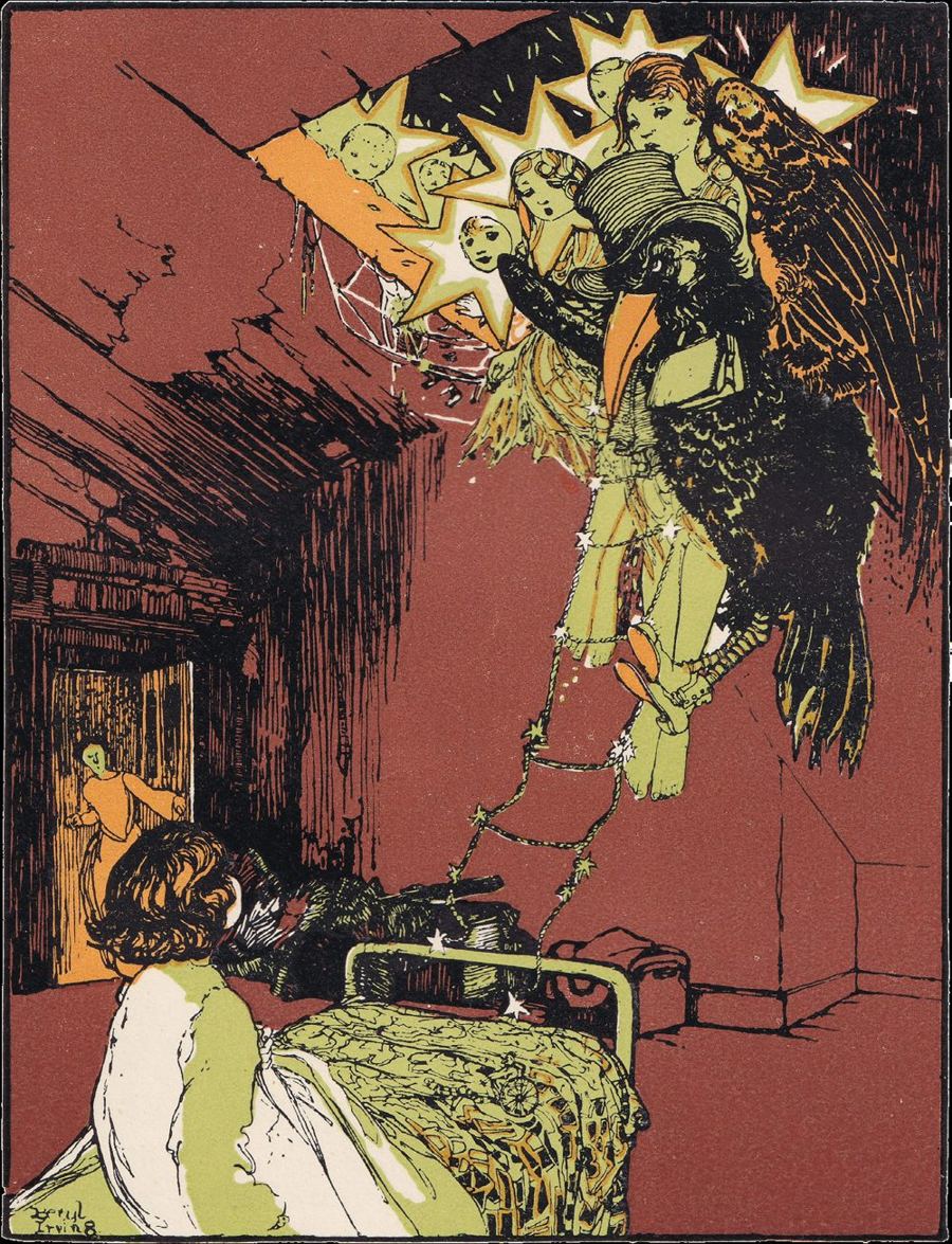 A dark red room where a child in bed looks up at starry children lowering a ladder