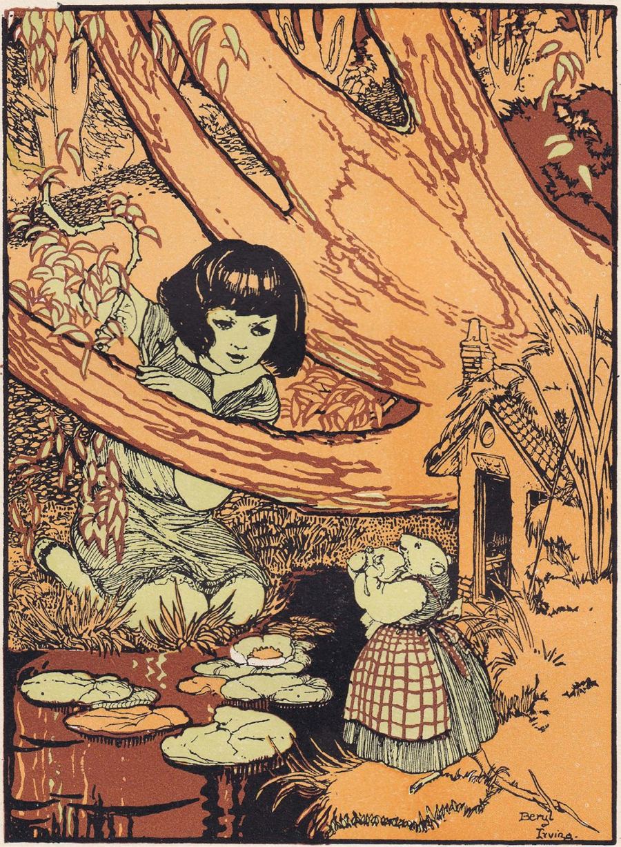 Mig among tall mushrooms and roots, with a rat in a shawl beside her