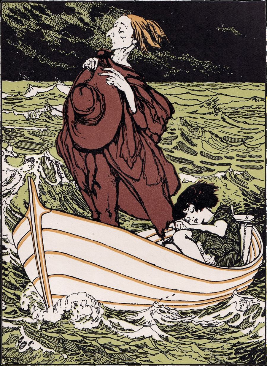 A boat flying over a dark green sea, a cloaked figure at the stern