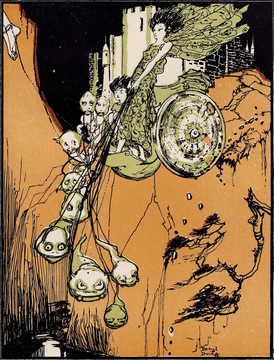A chariot with goblin riders tumbling over the edge of an ochre crag below a castle