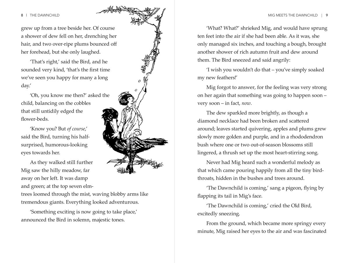 Pages 8 and 9 of this edition: the reset text with one of Beryl Irving's line drawings in the margin