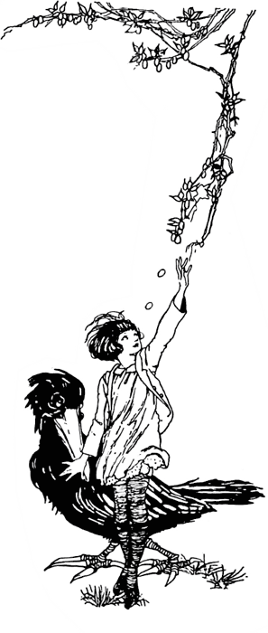 Line drawing: Mig sitting on the back of a large bird beneath a trailing branch