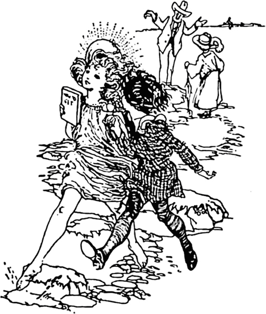 Line drawing: children running on the sands, a figure watching from behind