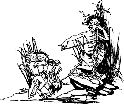 Line drawing: a seated figure among reeds with small figures beside it