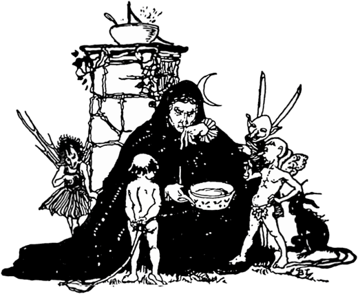 Line drawing: the Witch of Worum in a hooded cloak with a bowl, surrounded by small figures